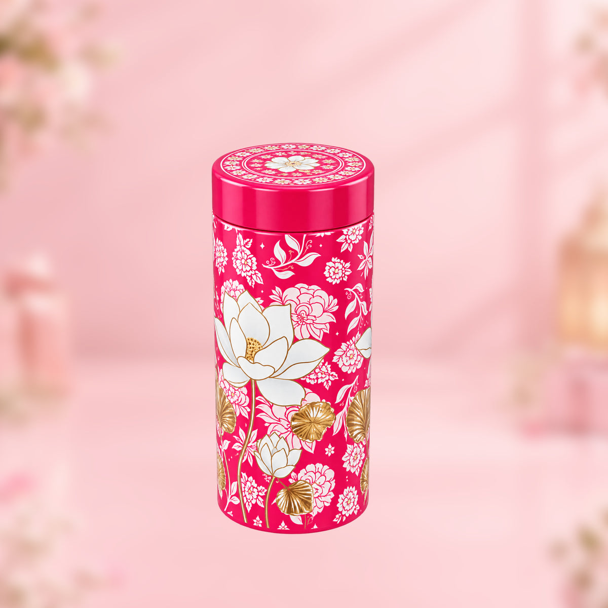 6 Inches Tin Jar 73mm x 150mm Pink Flower