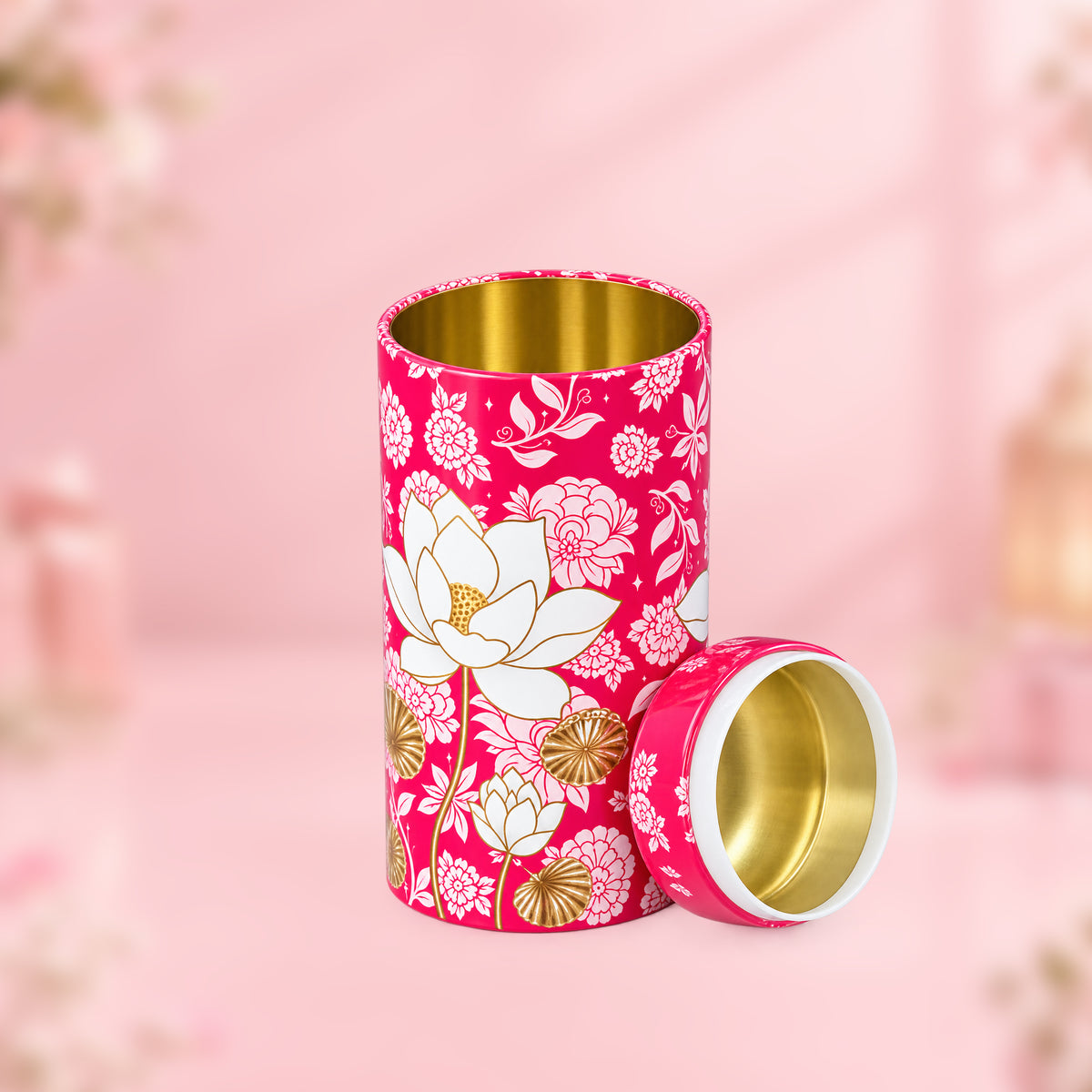 6 Inches Tin Jar 73mm x 150mm Pink Flower